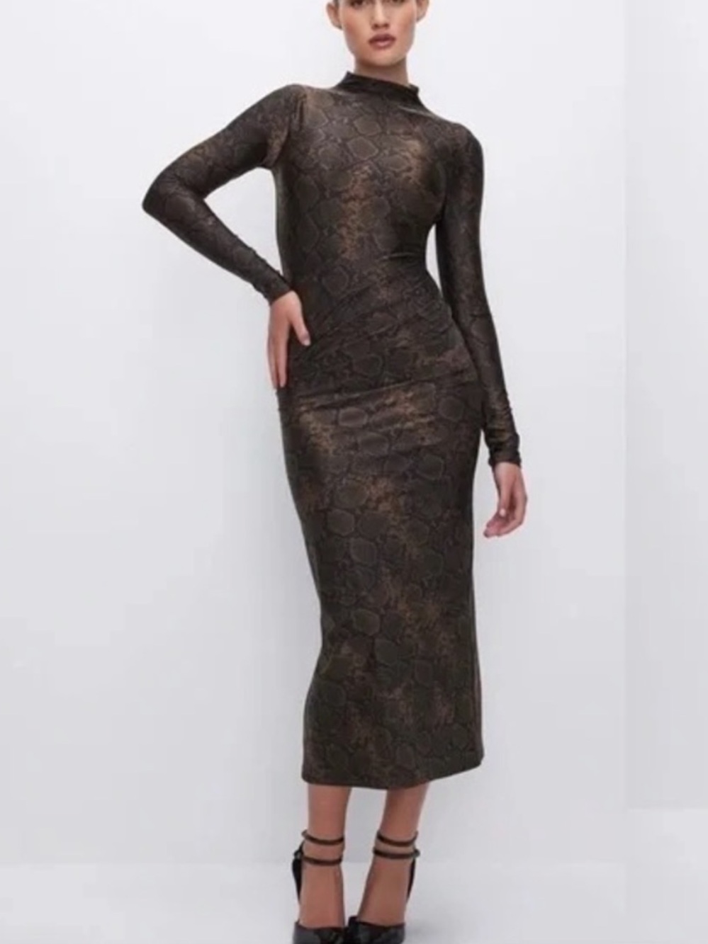 Good American Metallic Snake-Print Long Sleeve Midi Dress in Bronze (A)